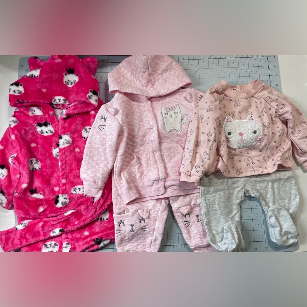 Cat Baby Infant Robe Jacket Sweatshirt Jogger Sweatpants *stained* Set girl 3-6M
